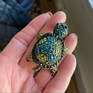 Bling jewelry crystal teal green tortoise brooch pin silver plated brass